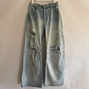 EB Denim Frederick Barrel Jeans Distressed 29 Wide Leg Patchwork Light Wash